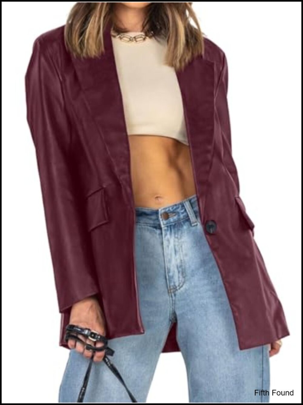 Faux Leather Oversized Blazer Jacket Notch Lapel Button Front Lined